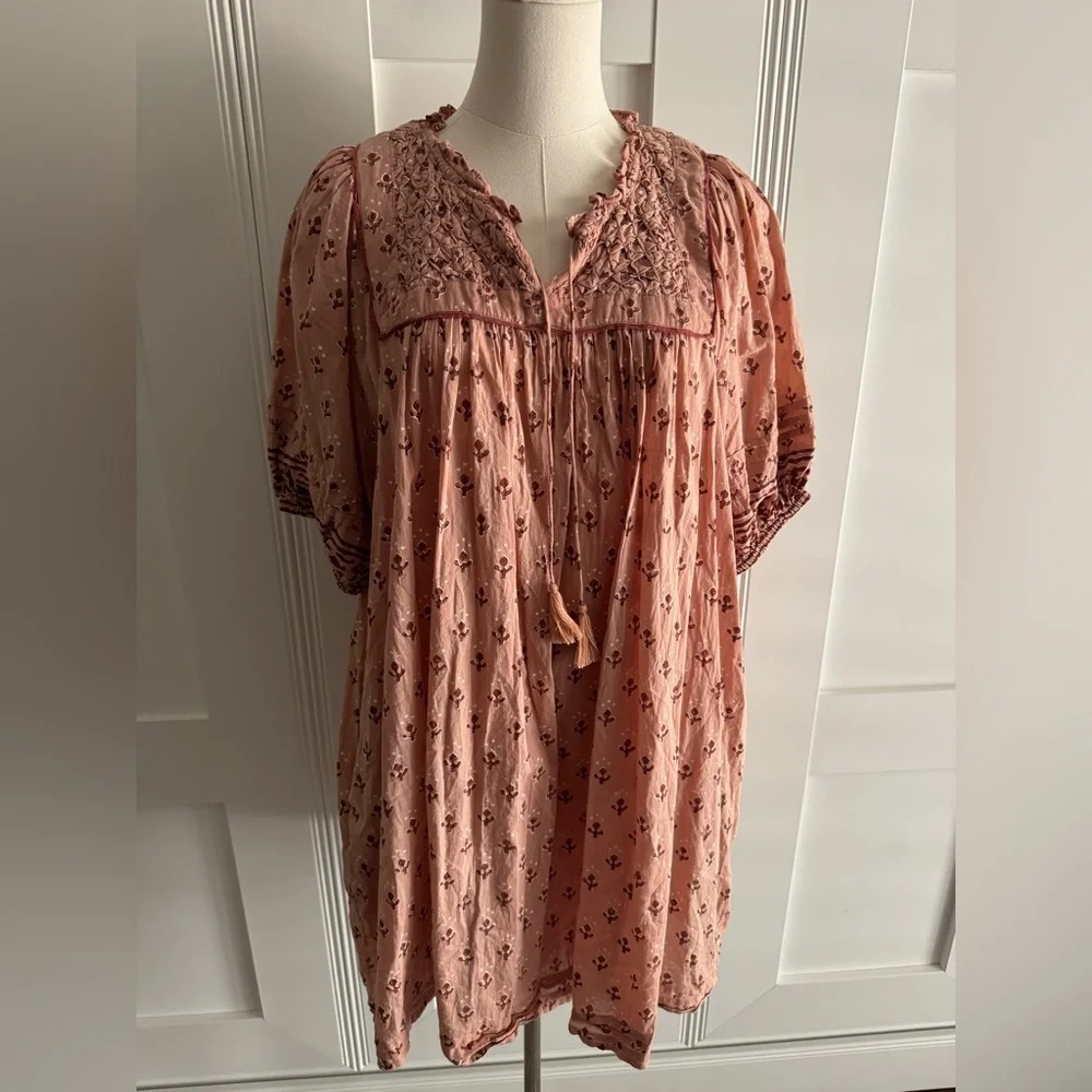 Cleobella Sybil Pink Floral Puff Short Sleeve Lined Babydoll Mini Dress Size L - Picture 3 of 14